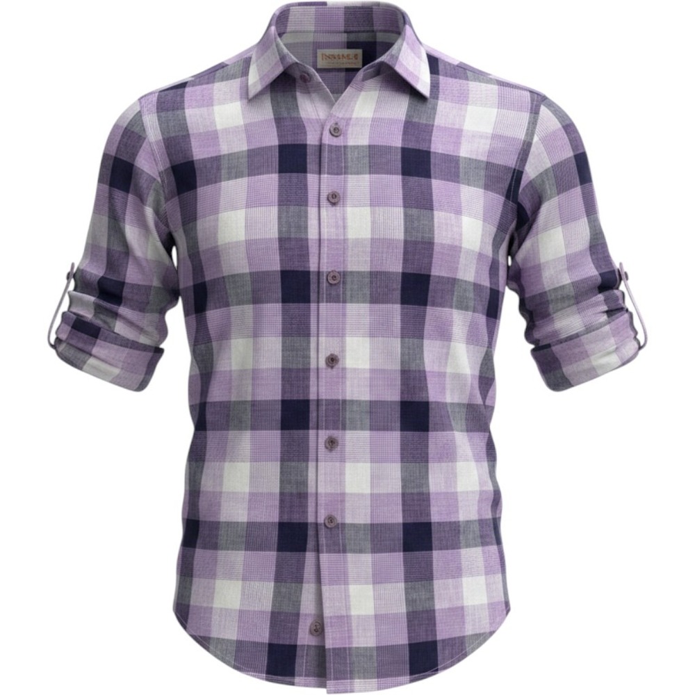 Inserch Button Down Shirt Mens 2XL Purple Plaid 100% Linen Roll Tab Sleeve